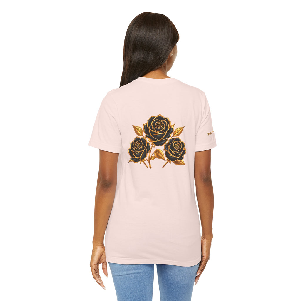 The Three Roses: Unisex Gold Black Rose T-Shirt Graphic Logo