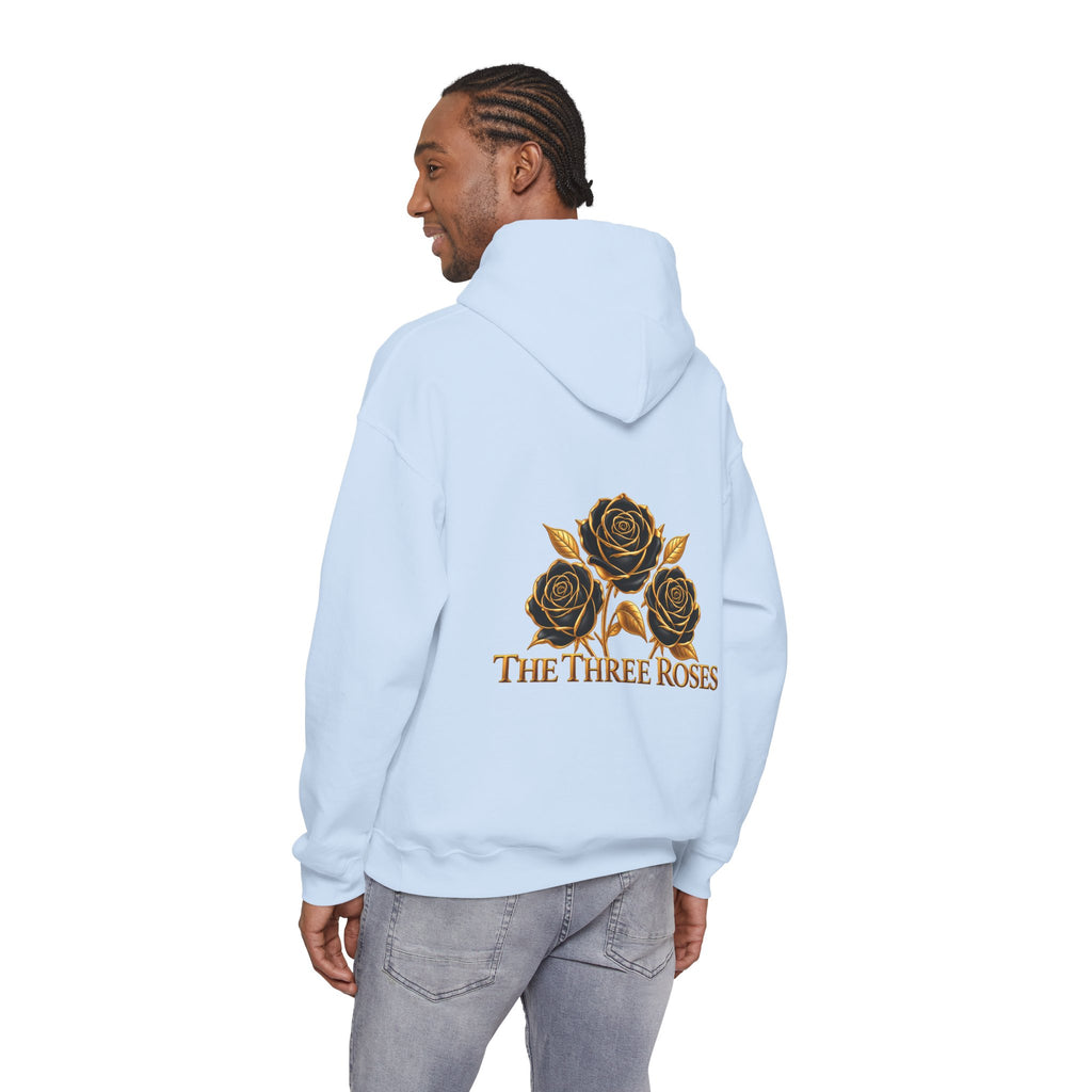 The Three Roses Hoodie: Unisex Gold Rose Graphic Hooded Sweatshirt