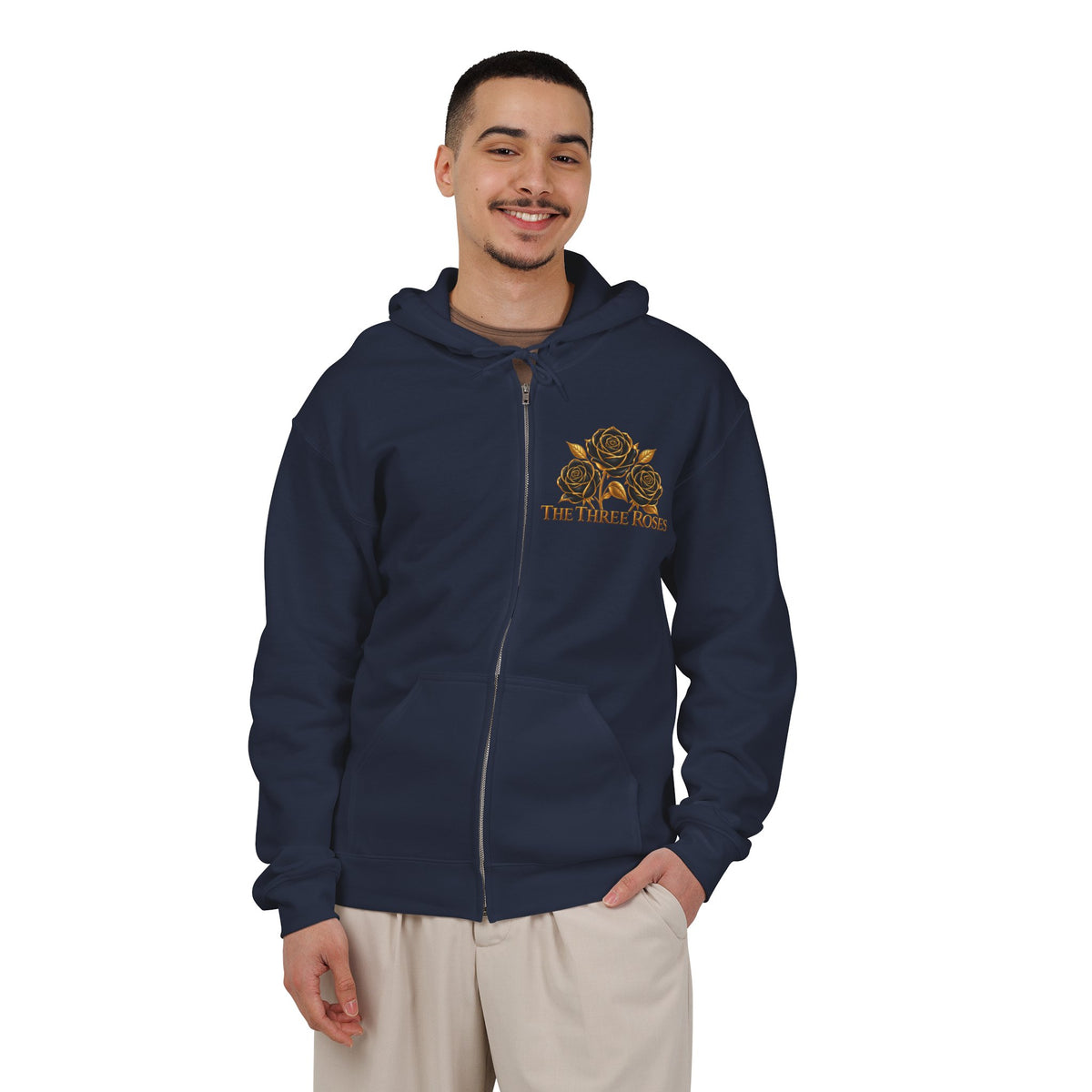 The Three Roses: Unisex Gold Floral Full-Zip Hoodie Graphic Logo