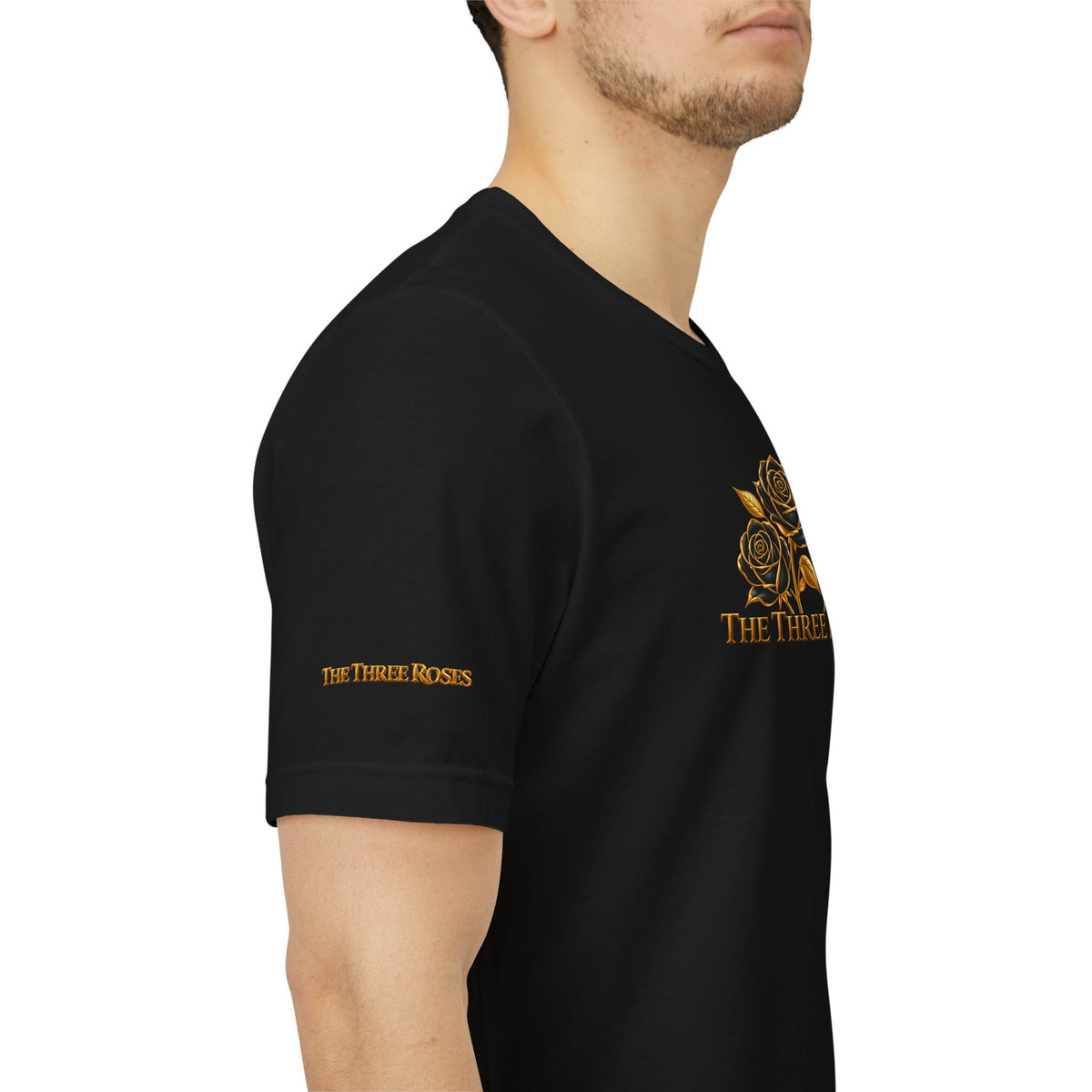 The Three Roses: Unisex Gold Black Rose T-Shirt Graphic Logo