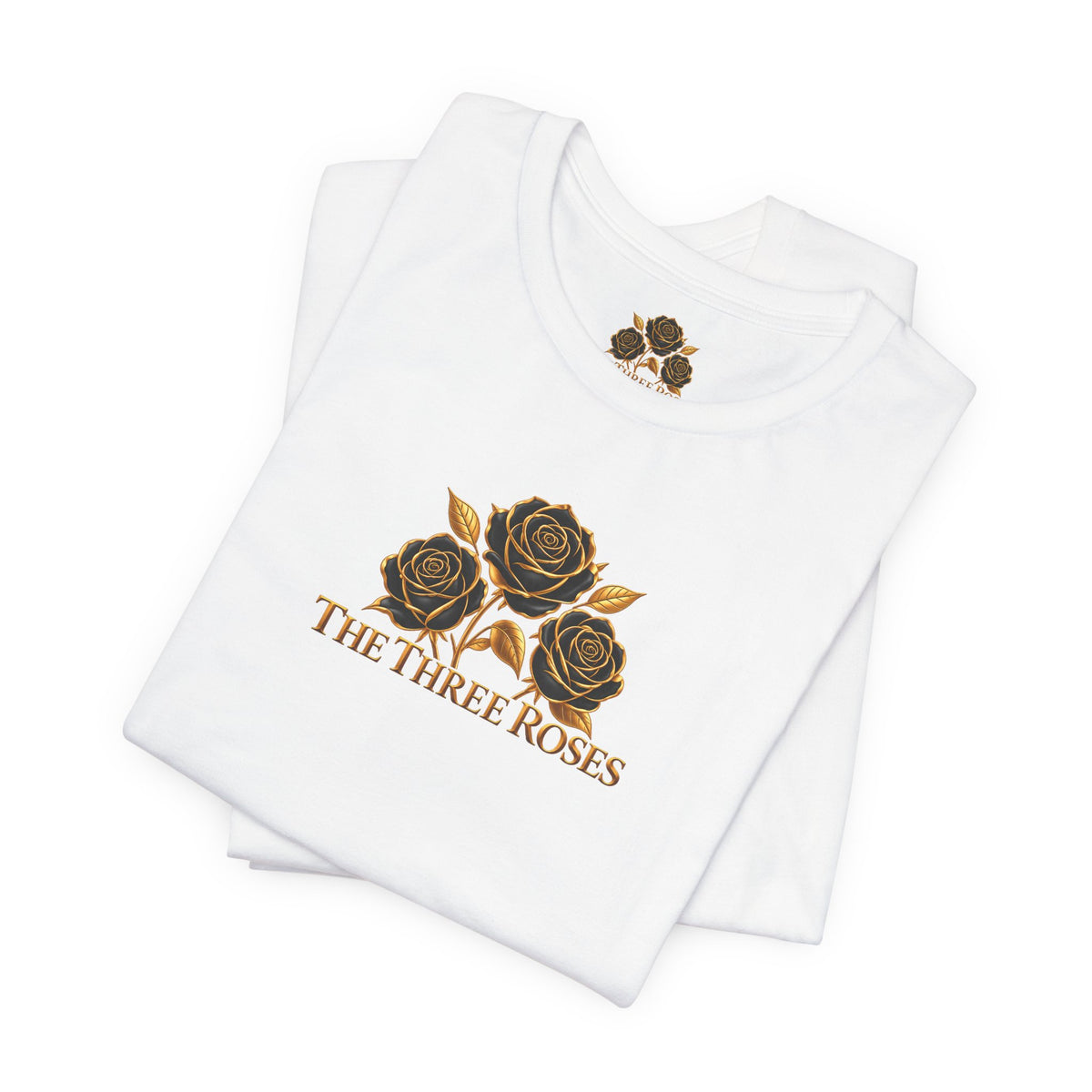 The Three Roses: Unisex Gold Black Rose T-Shirt Graphic Logo