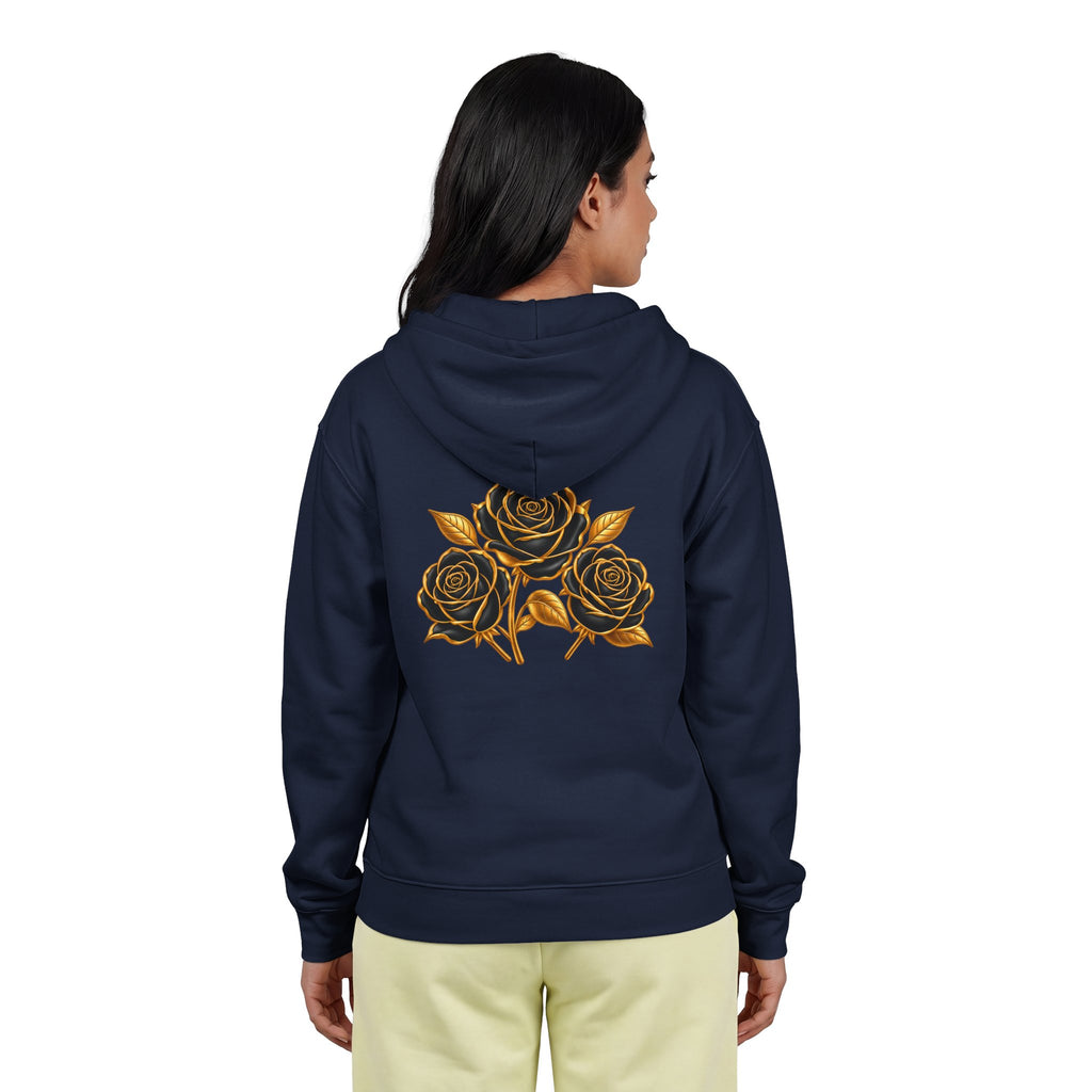 The Three Roses: Unisex Gold Floral Full-Zip Hoodie Graphic Logo