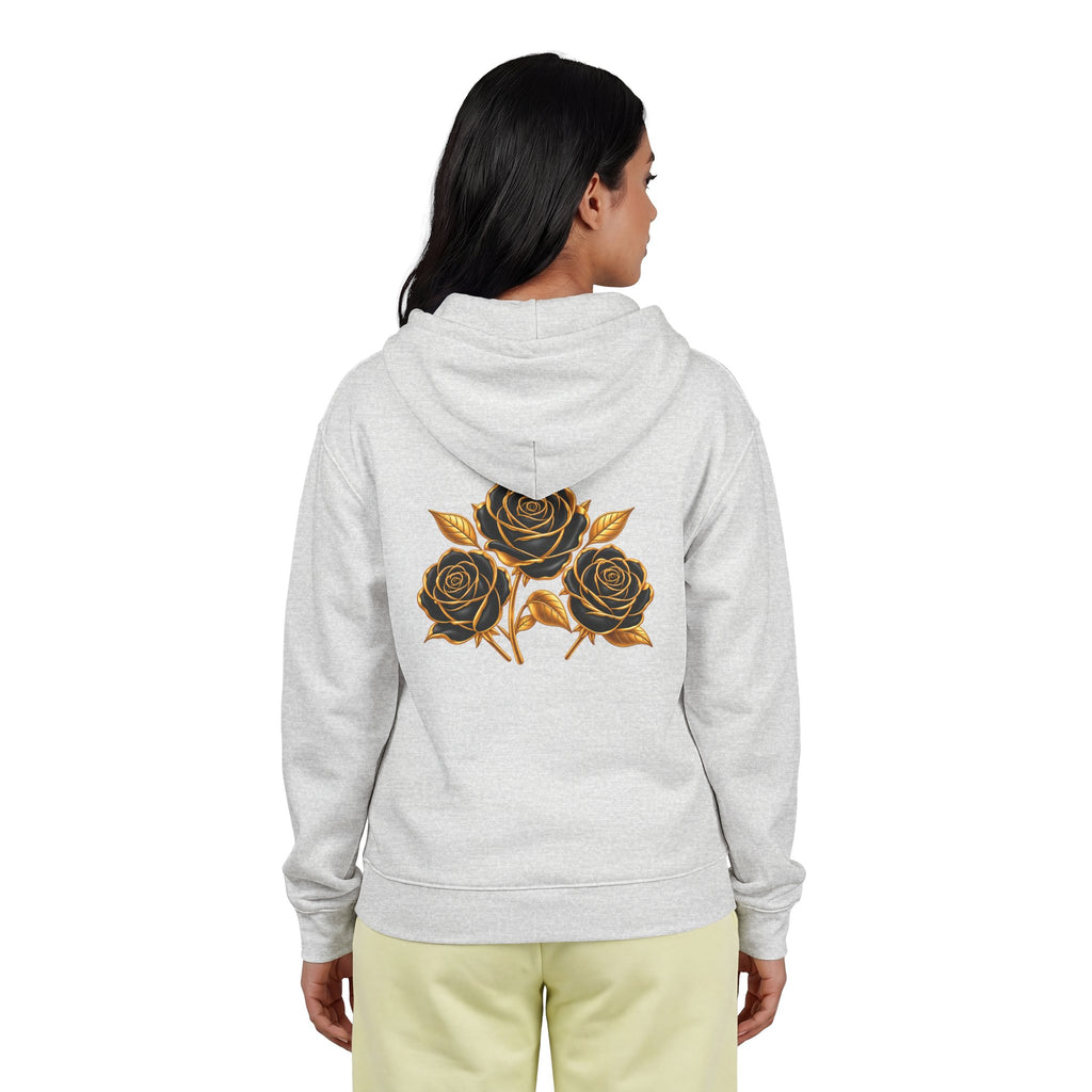 The Three Roses: Unisex Gold Floral Full-Zip Hoodie Graphic Logo