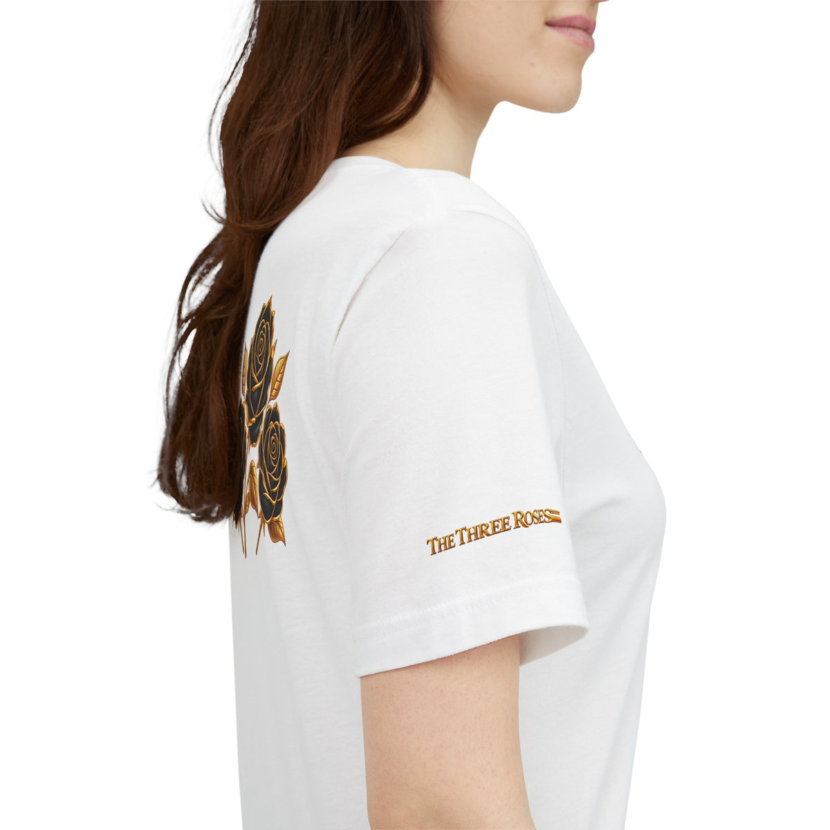 The Three Roses: Unisex Gold Black Rose T-Shirt Graphic Logo