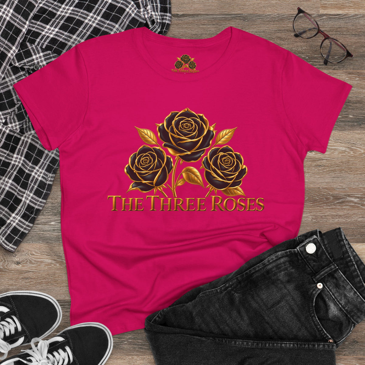 The Three Roses Tee: Womens Black & Gold Rose Graphic T-Shirt
