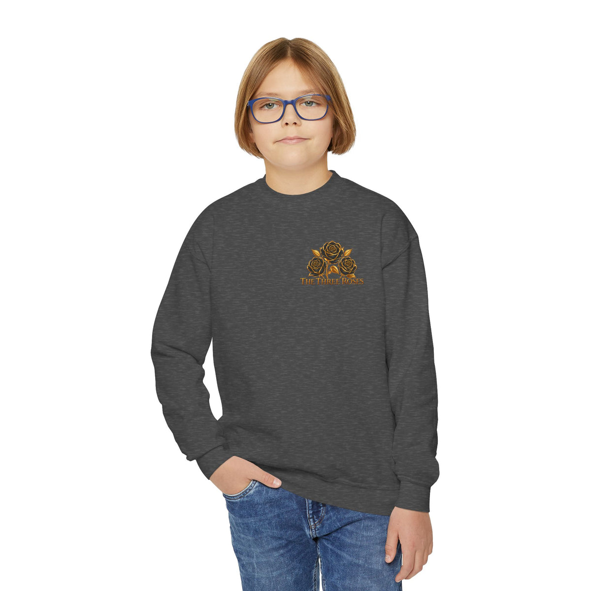 The Three Roses: Youth Crewneck Sweatshirt — Gold & Black Rose Graphic Logo