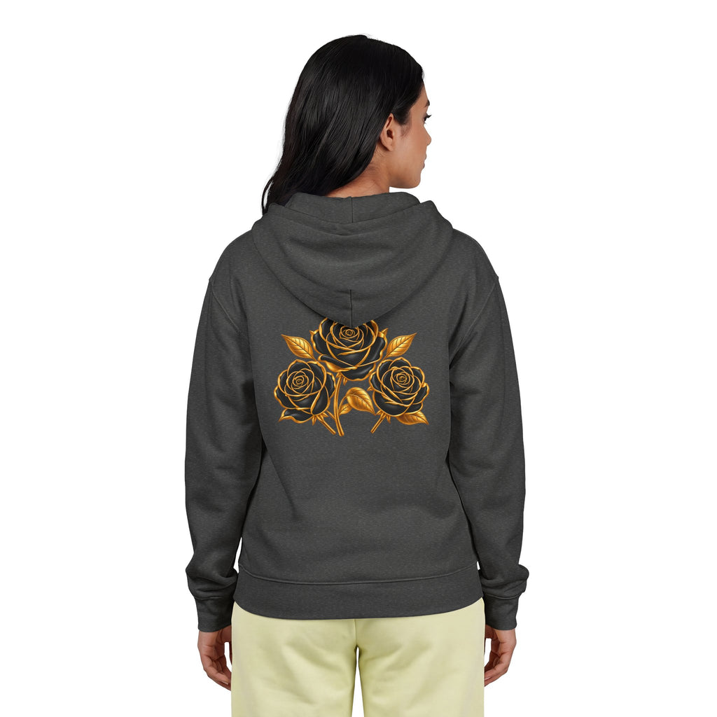 The Three Roses: Unisex Gold Floral Full-Zip Hoodie Graphic Logo