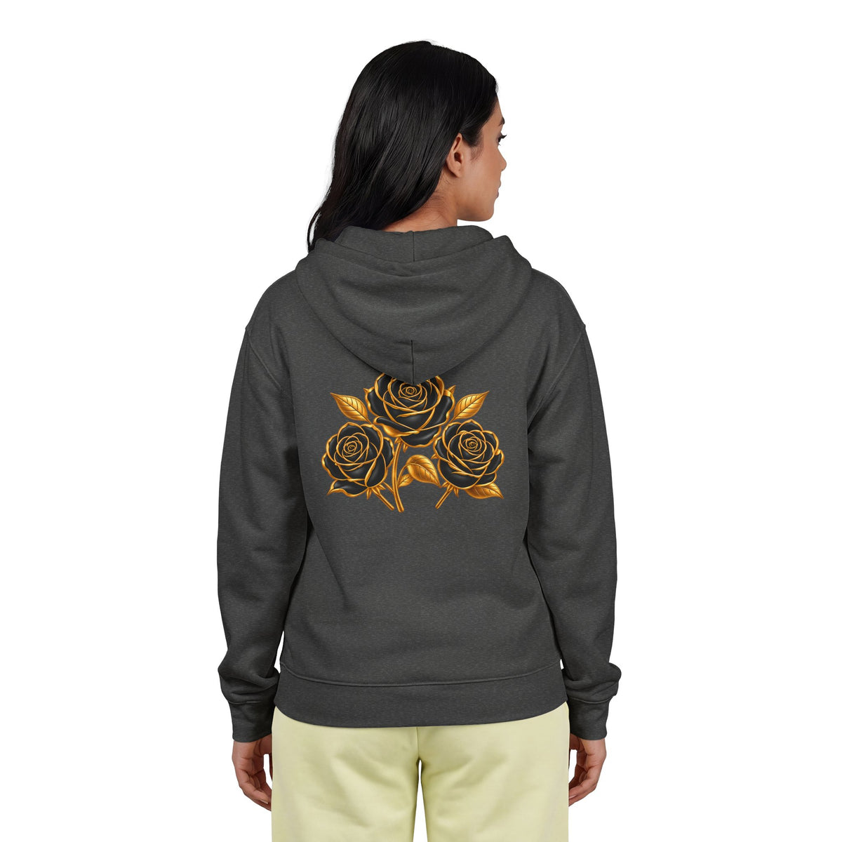 The Three Roses: Unisex Gold Floral Full-Zip Hoodie Graphic Logo
