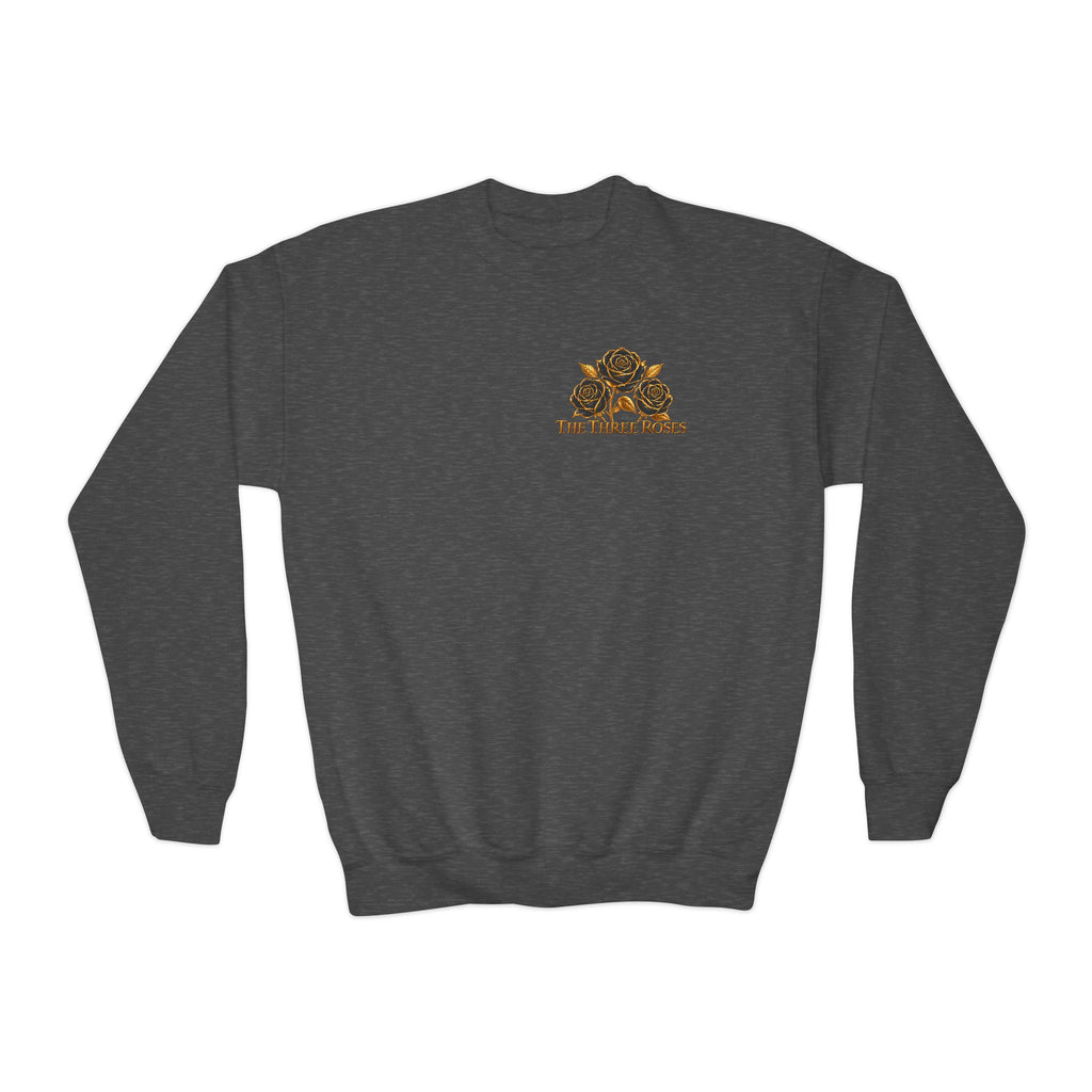 The Three Roses: Youth Crewneck Sweatshirt — Gold & Black Rose Graphic Logo