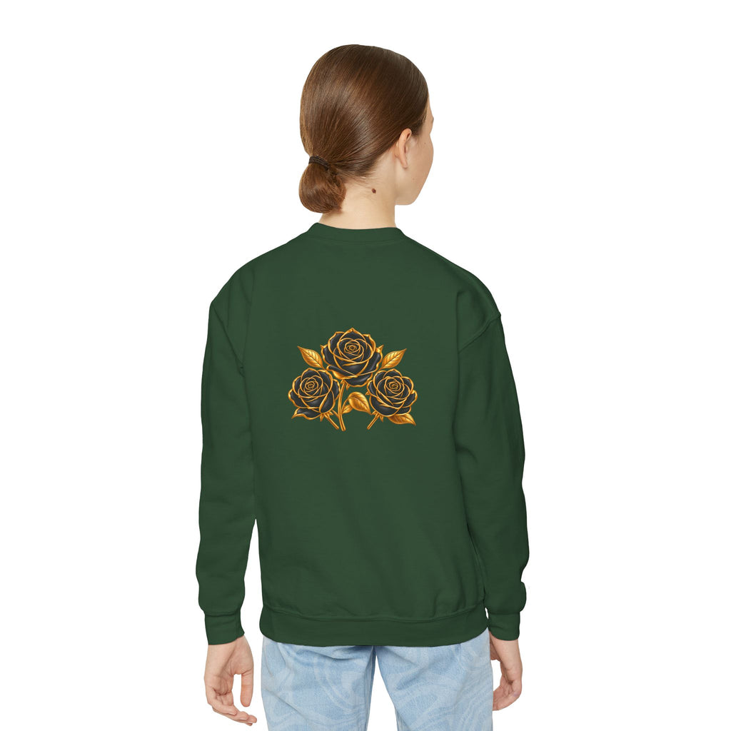 The Three Roses: Youth Crewneck Sweatshirt — Gold & Black Rose Graphic Logo