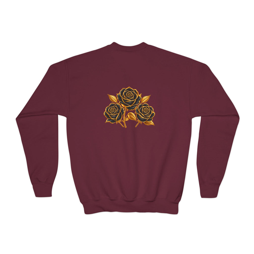 The Three Roses: Youth Crewneck Sweatshirt — Gold & Black Rose Graphic Logo