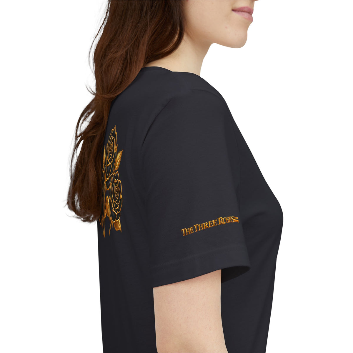 The Three Roses: Unisex Gold Black Rose T-Shirt Graphic Logo