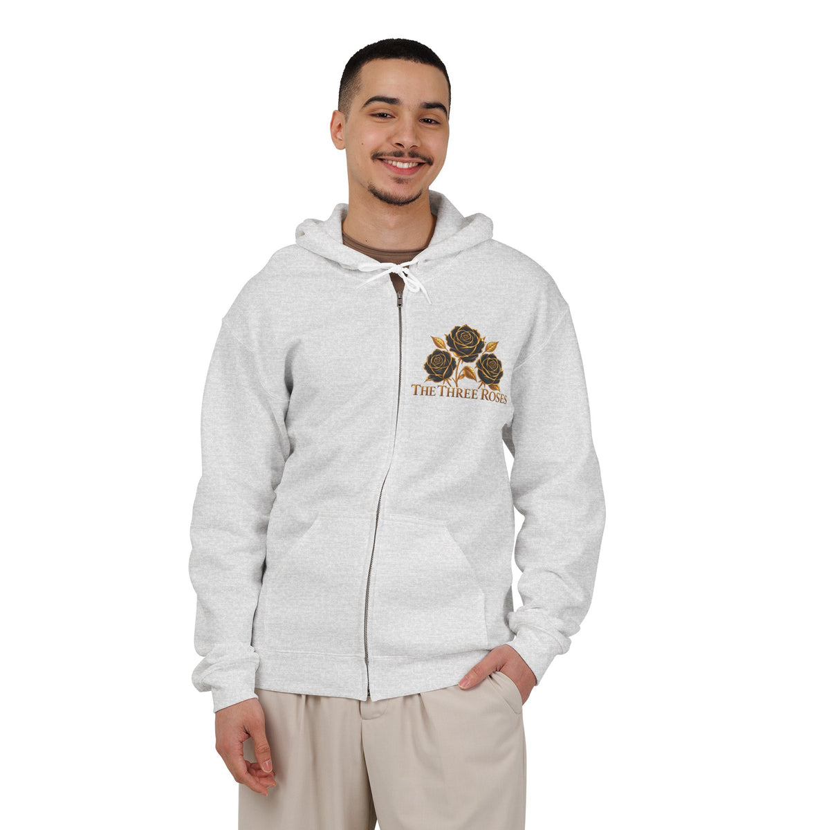 The Three Roses: Unisex Gold Floral Full-Zip Hoodie Graphic Logo