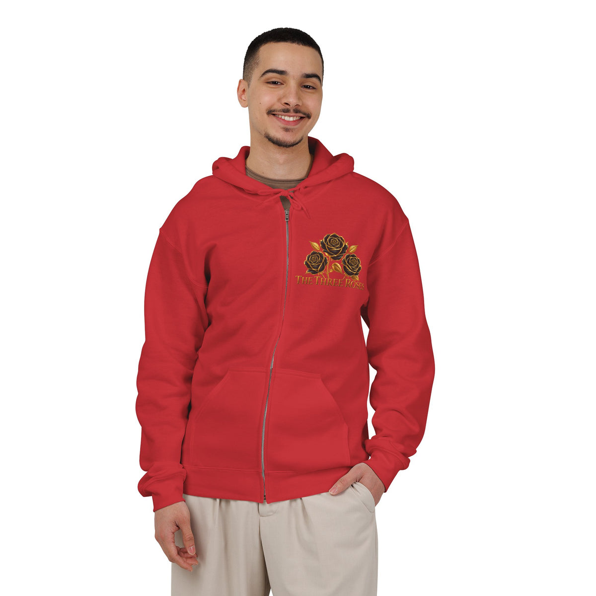 The Three Roses: Unisex Gold Floral Full-Zip Hoodie Graphic Logo