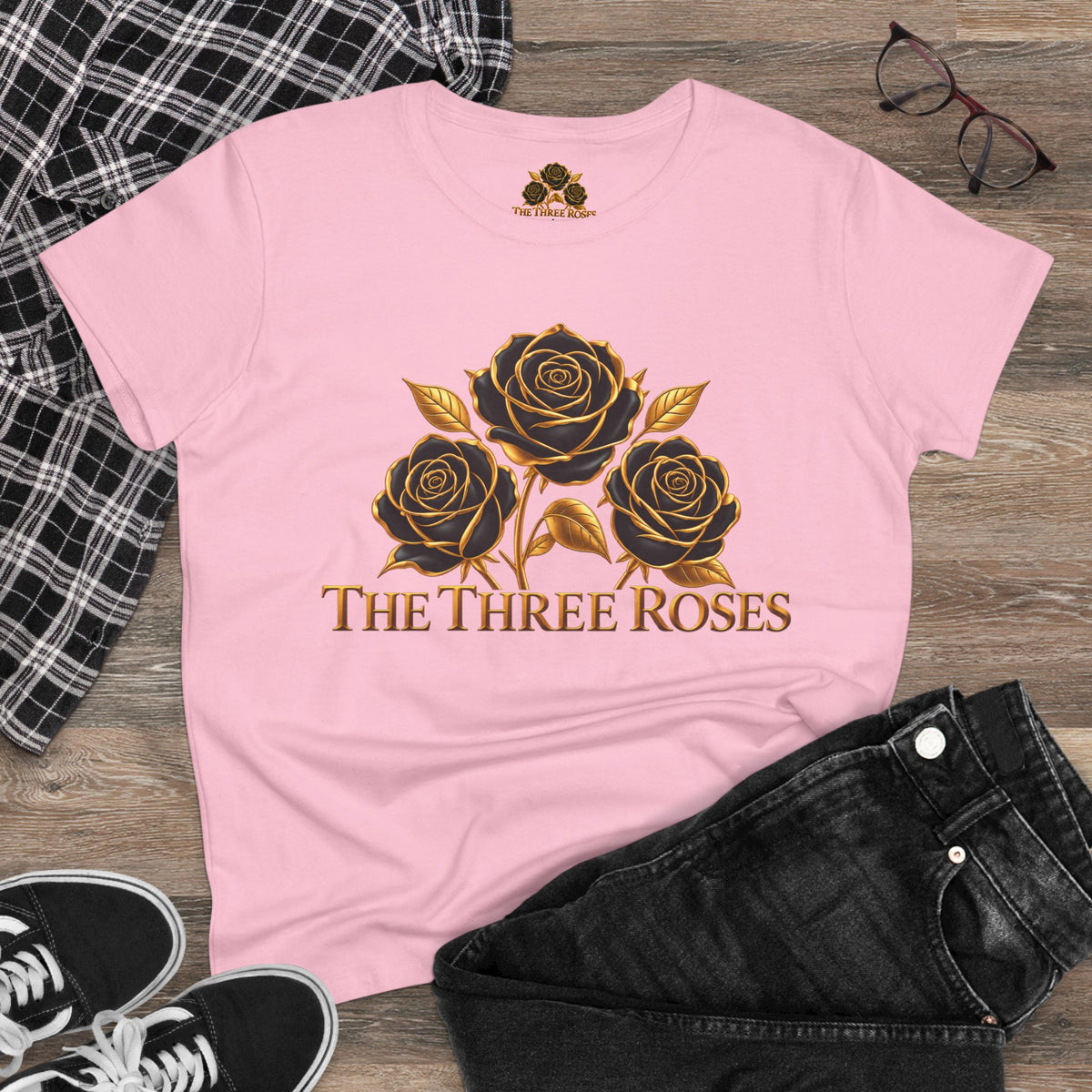 The Three Roses Tee: Womens Black & Gold Rose Graphic T-Shirt