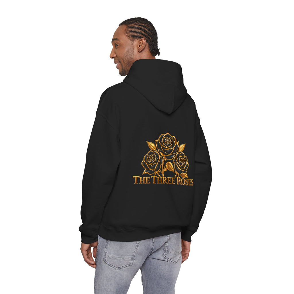 The Three Roses Hoodie: Unisex Gold Rose Graphic Hooded Sweatshirt