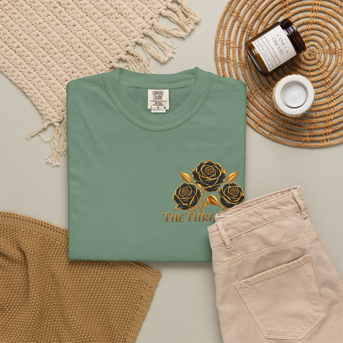 The Three Roses Graphic: Unisex T-Shirt  Gold & Black Floral Tee