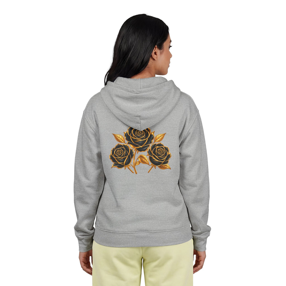 The Three Roses: Unisex Gold Floral Full-Zip Hoodie Graphic Logo