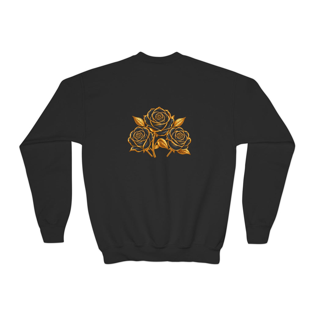 The Three Roses: Youth Crewneck Sweatshirt — Gold & Black Rose Graphic Logo