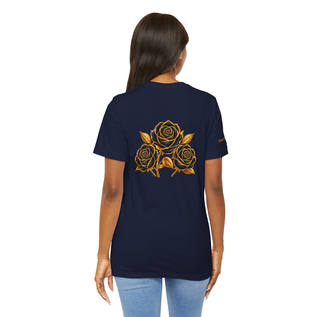 The Three Roses: Unisex Gold Black Rose T-Shirt Graphic Logo