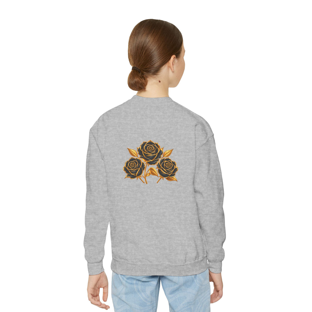 The Three Roses: Youth Crewneck Sweatshirt — Gold & Black Rose Graphic Logo