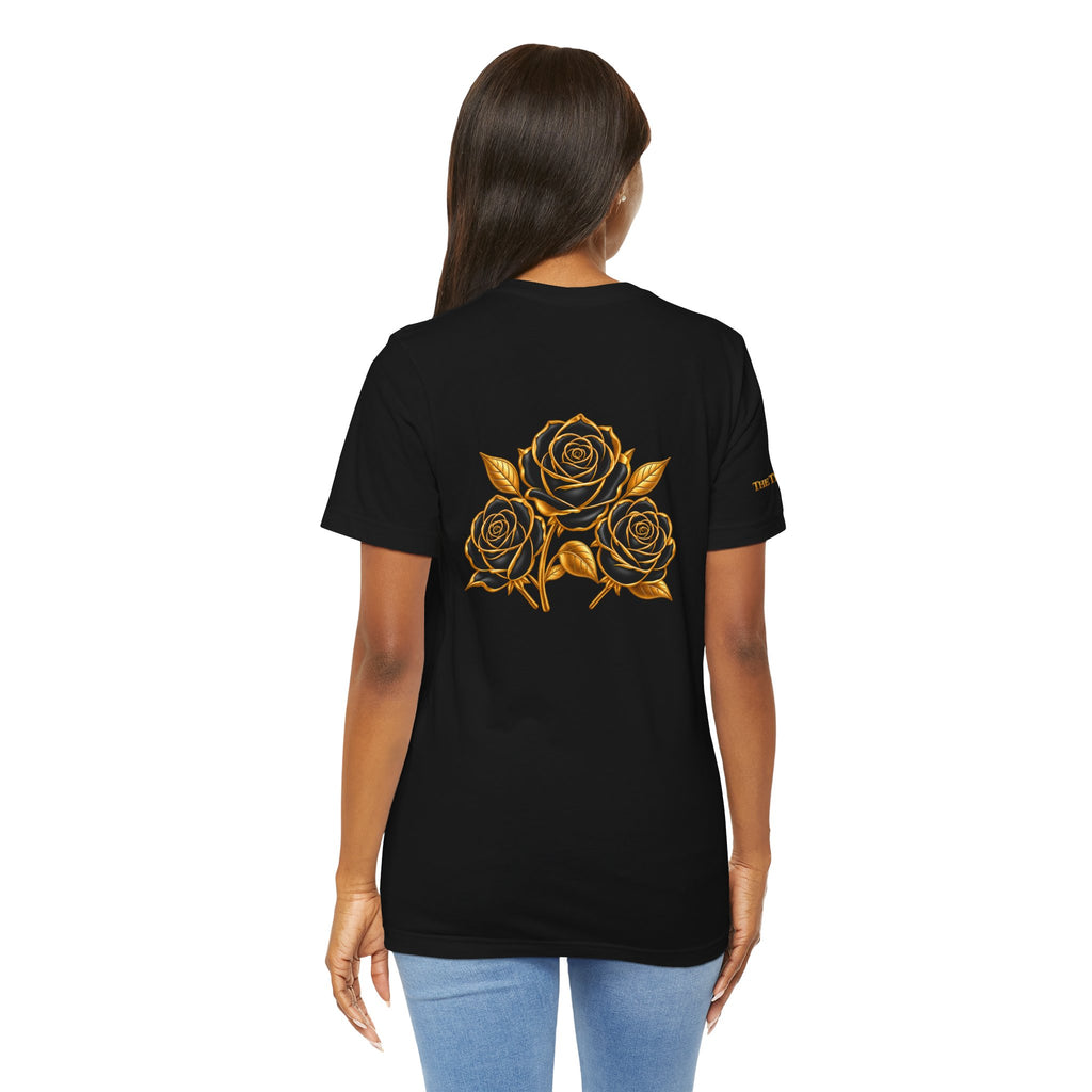 The Three Roses: Unisex Gold Black Rose T-Shirt Graphic Logo